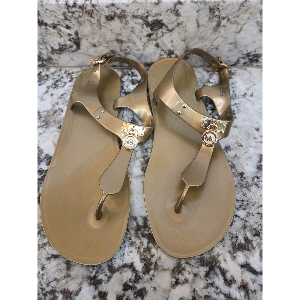 Michael Kors Gold Jelly Sandals MK Logo Lock Charm Thong Slingback 10M R116JI